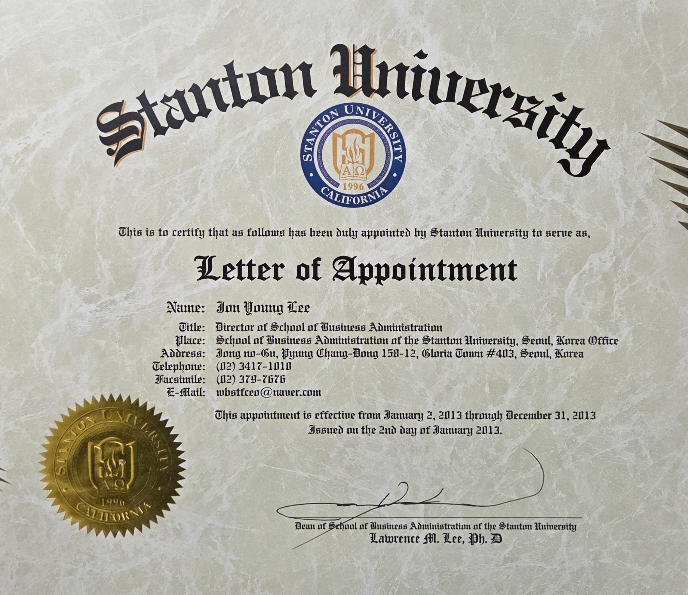 Stanton Univ Appointment