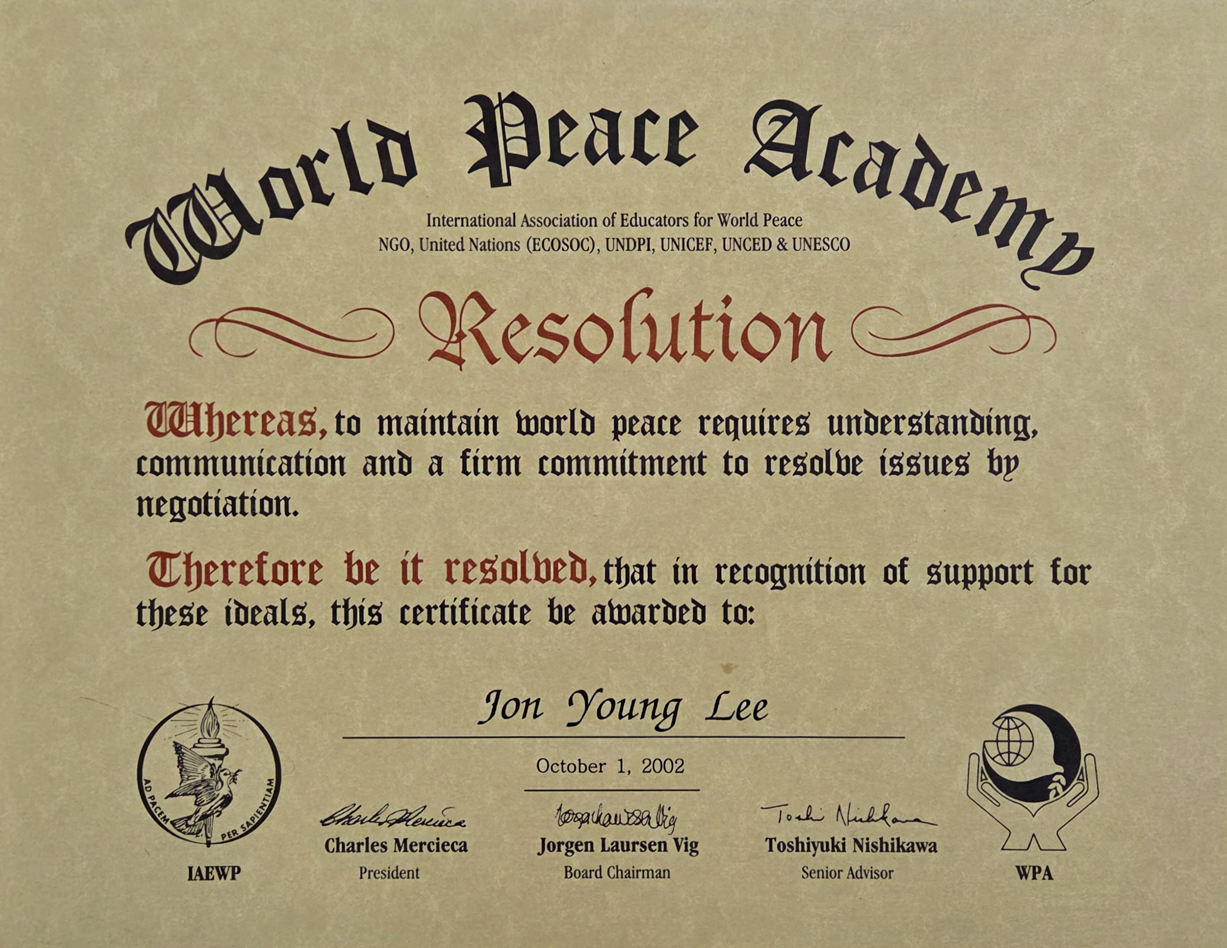 World Peace Academy Award